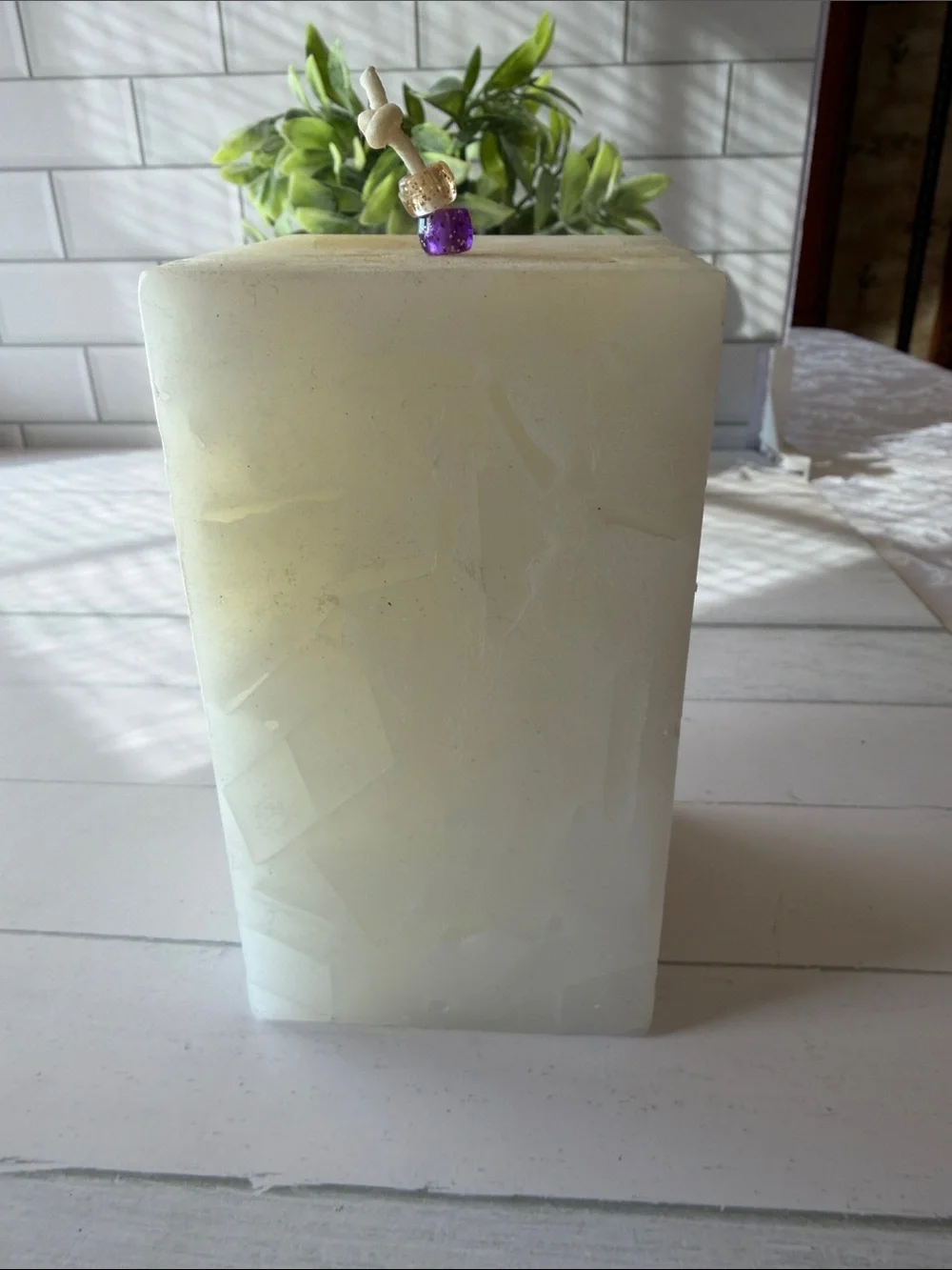 JMU White Pillar Candle with Purple Inlay